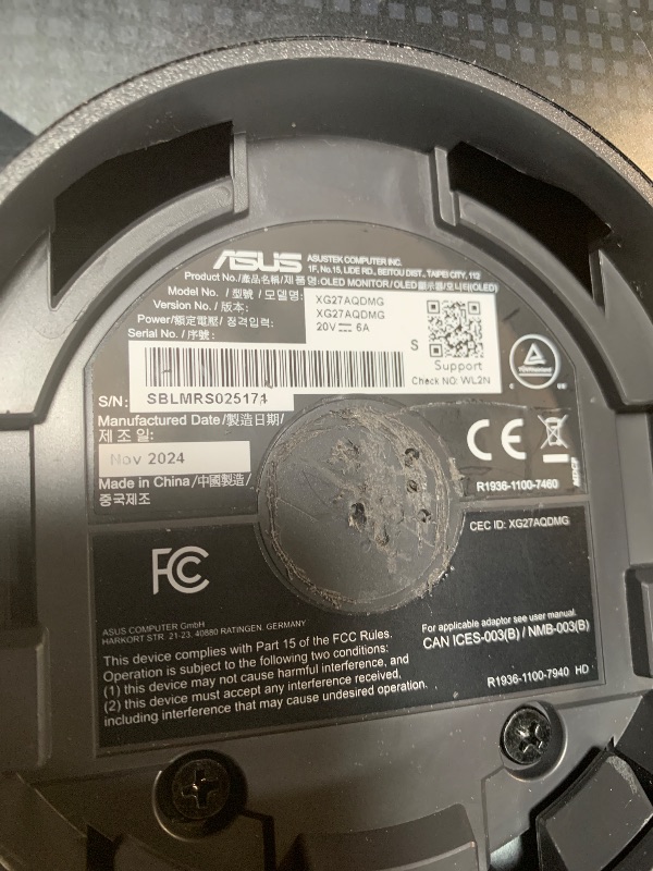 Photo 1 of **MISSING POWER CORD**ASUS ROG Swift 27” 4K QD-OLED Gaming Monitor (PG27UCDM) - 240Hz, 0.03ms, Custom Heatsink, Neo Proximity Sensor, G-SYNC Compatible, 99% DCI-P3, True 10-bit color, DisplayPort 2.1a UHBR20, 3 yr warranty