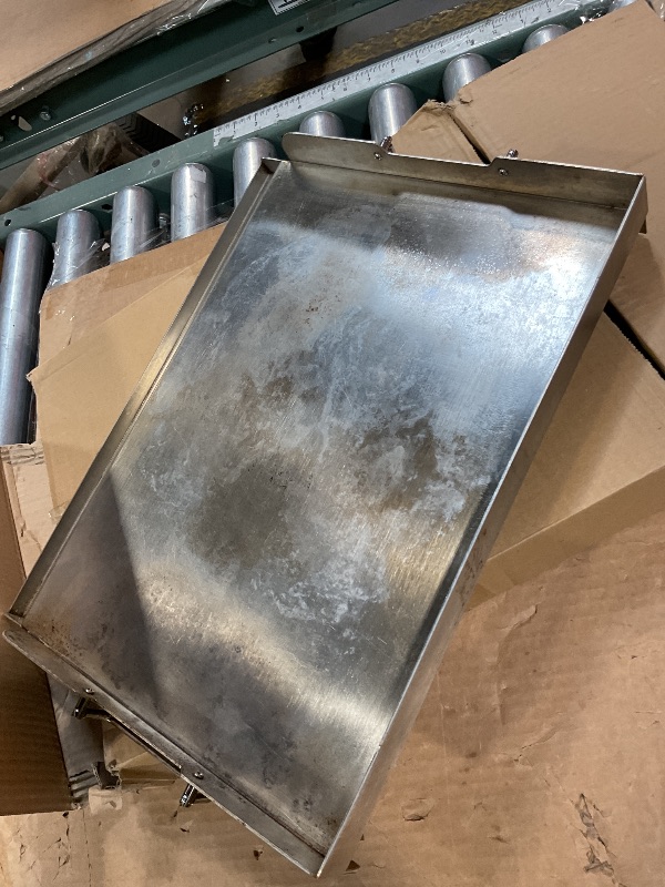 Photo 1 of * WEAR AND TEAR * Universal Stainless Steel Griddle Flat Top Plate with Even Heating Bracing for BBQ Charcoal and Gas Grills, Camping, Tailgating, and Parties,with Grease Groove and Removable Handles (17" x 13")