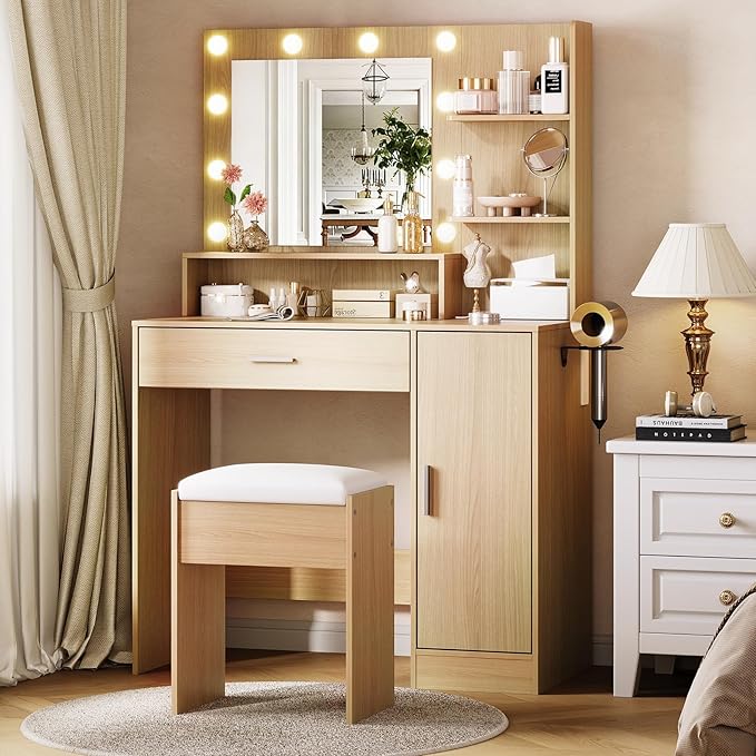 Photo 1 of *** Parts only/missing instructions. Also mirror is broken***
Garvee Vanity Desk with Mirror and Light, Makeup Dressing Table with Large Drawers and 3-Level Storage Dresser, 3 Lighting Modes Adjustable Brightness, Modern Vanity Set for Bedroom, Natural
