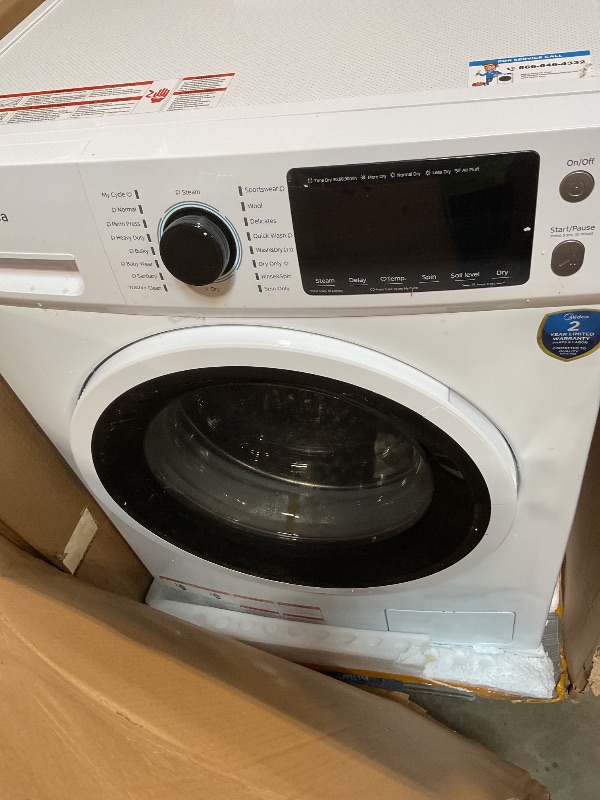 Photo 1 of ***FOR PARTS ONLY/ DAMAGED*** Midea 24 Inch All-in-One Front Load Washer Dryer Combo, 2.7 Cu.ft 26lbs Ventless Full-Automatic Washing Machine with Steam Care, Overnight Dry, 1400 RPM 16 Wash Cycles, White