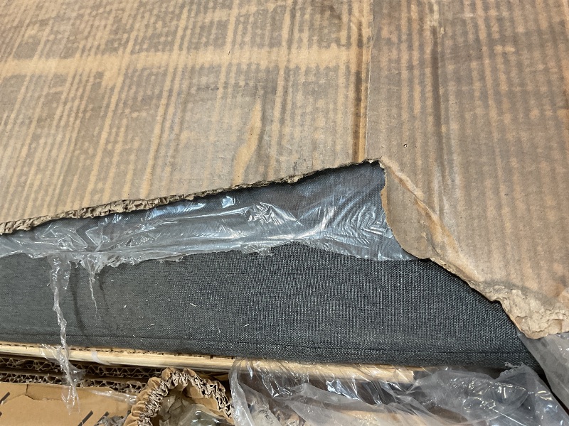 Photo 1 of **SCRATCH. DIRT**Zinus Queen Maya Upholstered Bed Frame with Asymmetric Headboard, Durable Wooden Slats, Sturdy Framework, Noise Free Sleep, No Box Spring Needed, Easy Assembly, Eco Friendly Packaging, Dark Grey