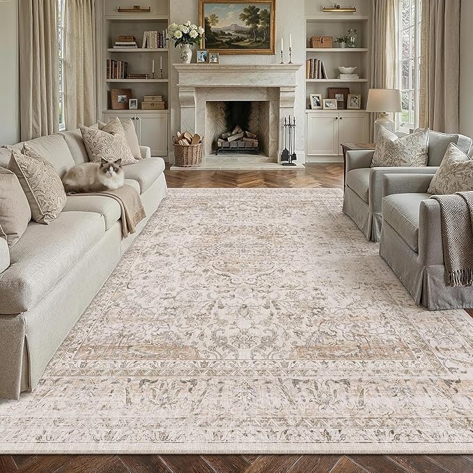 Photo 1 of 10x14 Washable Area Rug Beige Vintage Non Slip Soft Low Pile Rug for Living Room Bedroom Dining Room Office Distressed Oriental Indoor Large Throw Carpet for Home Decor