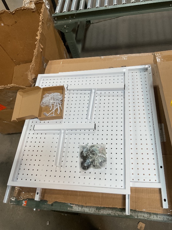 Photo 1 of * MISSING BASIN AT BASE * NectaCol Metal Pegboard Display Stand with Base Plate, Two Separately Pegboard Panels, 2'x 5' Standing Pegboard Display with four Wheels, Peg Board Display Rack, Extra 30 pieces Hooks (White)