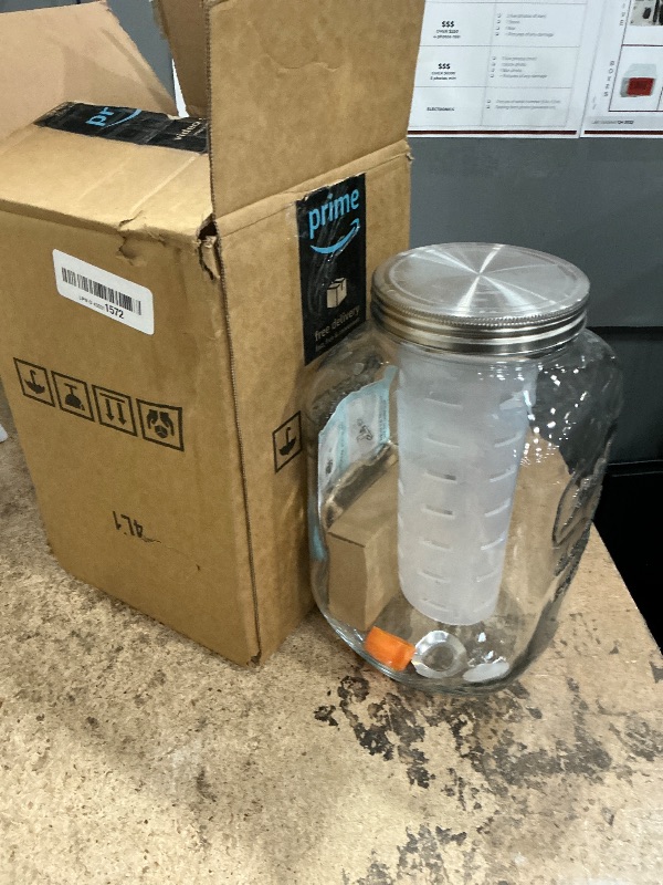 Photo 1 of 1 Gallon Glass Beverage Dispenser with Lid, Stainless Steel Spigot, Glass Drink Dispensers for Parties, Lemonade Dispenser With Ice Cylinder for Weddings, Party,Sun Tea Jar, Water Juice Dispensers