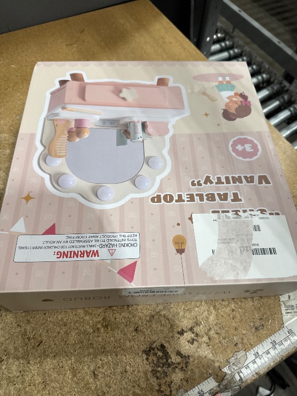 Photo 1 of ROBOTIME Toddler Vanity Makeup Table Toy with Mirror & Light, Wooden Kids Makeup Vanity Set, Dressing Table with Accessories and Lights, Pretend Makeup Set for Little Girls