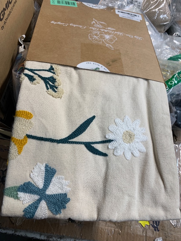 Photo 1 of ***(STOCK PHOTO FOR REFERENCE ONLY/ ITEM MAY DIFFER)***Kokaaee Embroidered Throw Pillow Covers 18x18 Inch - Summer Boho Decorative Pillow Cover with Zipper for Living Room Couch Sofa Bed Aesthetic Design Retro Flower Linen Cushion Pillowcase