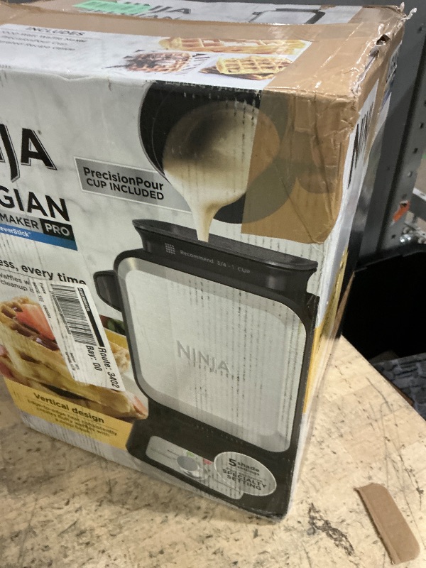 Photo 1 of ** For parts only does not power on ** Ninja BW1001 NeverStick PRO Belgian Waffle Maker, Vertical Design, 5 Shade Settings, with Precision-Pour Cup & Chef-curated Recipe Guide, Black & Silver