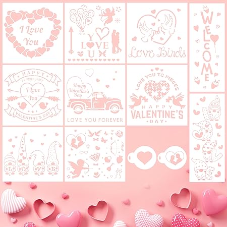 Photo 1 of 12pcs Valentine's Day Stencils, Heart Painting Stencils Reusable Love Heart Stencil Valentines Stencils Templates for Wedding Valentine's Day Anniversary DIY Crafts