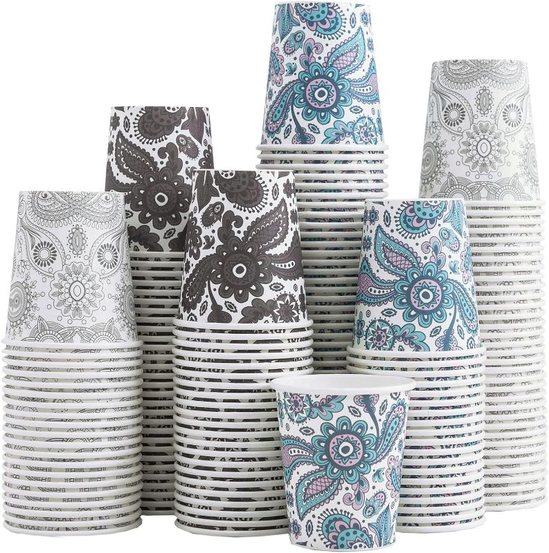 Photo 1 of [300 Pack] 5 oz Mini Paper Cups, Small Mouthwash 5 OZ, Disposable Bathroom Cups, Paper Coffee Cups 5 Ounce for Bathroom, Supermarket, Birthday Party, Travel, Events, Picnic, BBQ (Paisley)