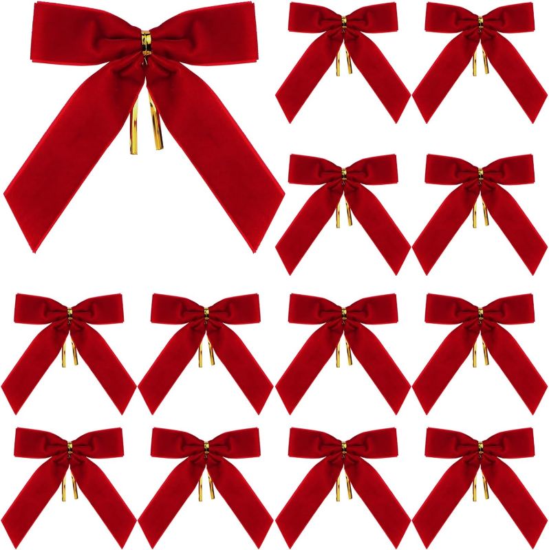 Photo 1 of 24 Pcs Red Small Velvet Christmas Bows for Christmas Tree, Wreath, Gift Wrapping, Crafts, Wedding, Party, Twist Tie Bows for Treat Bag Bakery Candy Bags, Home (Red)

