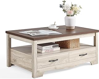 Photo 1 of -LINSY HOME Coffee Table with Storage Drawers, Wooden Farmhouse TV Stand Center Table for Living Room, Brown
