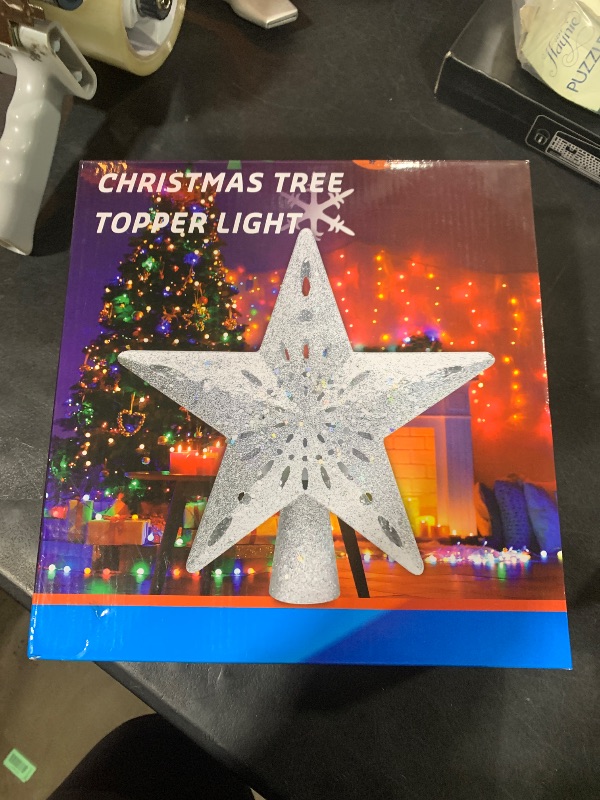 Photo 1 of 10" Christmas Tree Topper Projector with 6 Projection Modes, Built-in LED Rotating Light, 3D Glitter Dynamic Projector Light Up Tree Topper Star for Xmas Holiday Party Decorations Gifts (Gold)