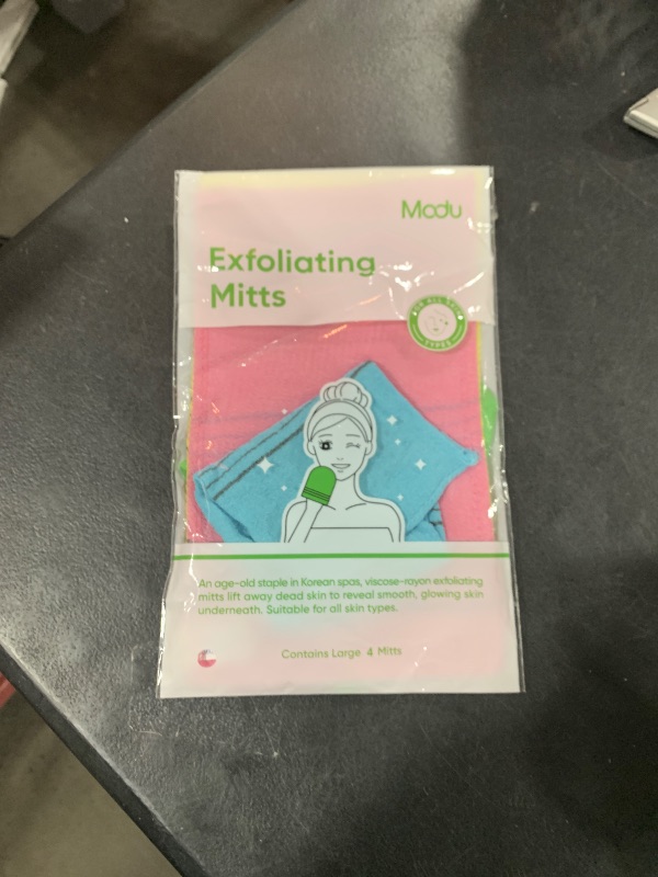 Photo 1 of Modu Korean Exfoliating Mitts Large 4PCS (Green, Yellow, Sky Blue, Pink) – Exfoliating Gloves Body Scrubber Italy Towel Washcloth for Korean Spa at Home, Dead Skin Remover, 100% Vegan Viscose