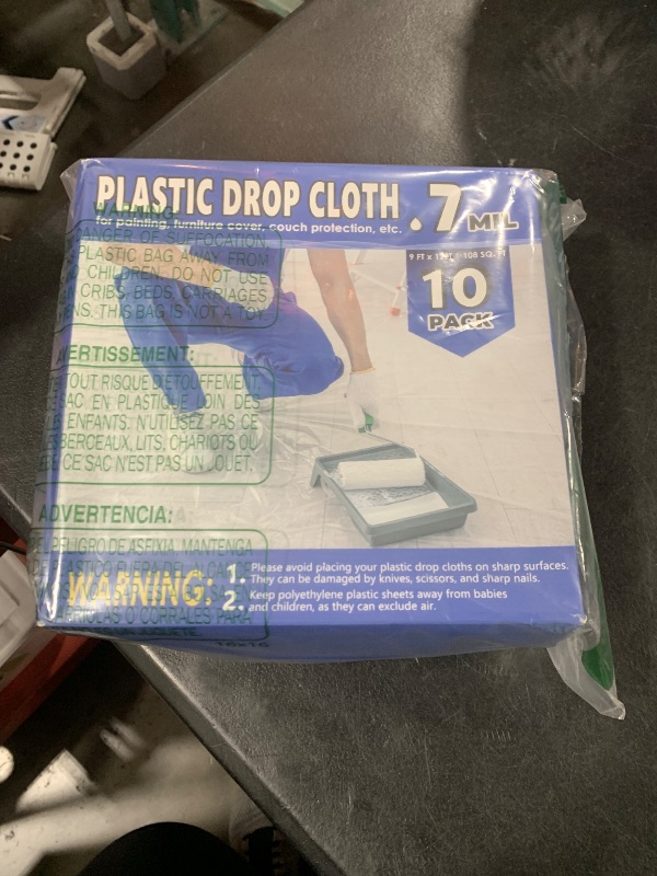 Photo 1 of 0.7 Mil Plastic Drop Cloths for Painting, 9x12 Ft Extra Large Painting Supplies, Plastic Sheet Dust Cover for Furniture, Floor, Couch Protector (10-Pack)