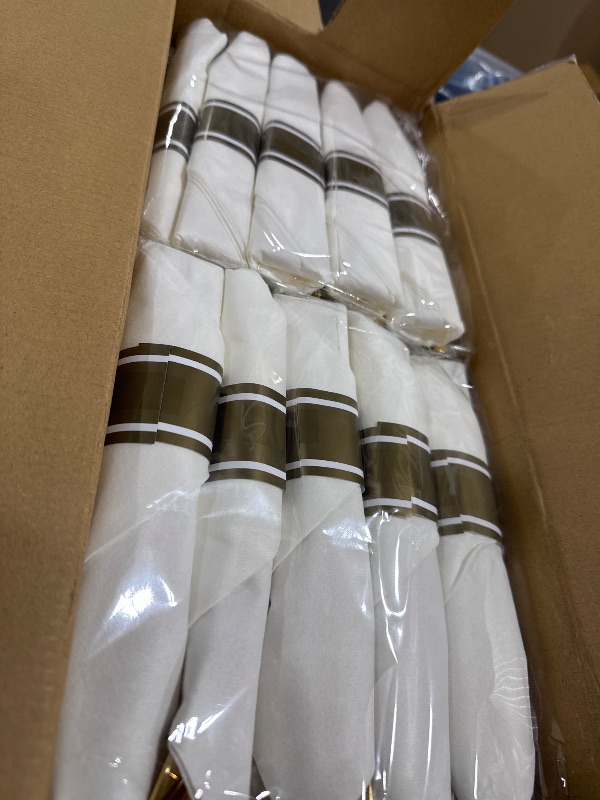 Photo 1 of 350 Pieces Black and Gold Plastic Plates with Disposable Silverware, Include 50 Dinner Plates 9”, 50 Dessert Plates 6.3”, 50 Black Cups 9 OZ, 50 Pre Rolled Napkins for New Year