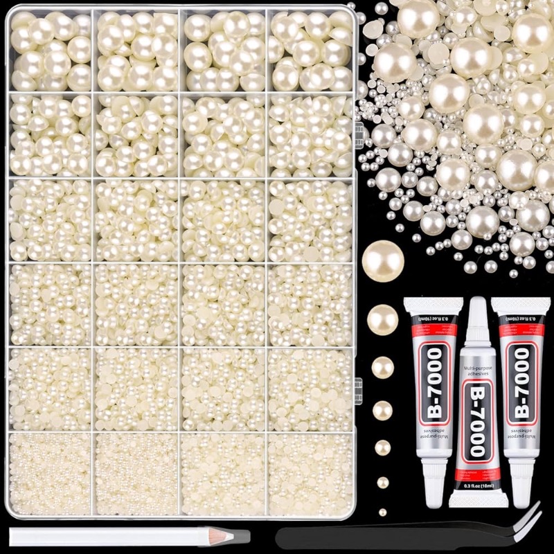 Photo 1 of 11000Pcs Flatback Pearls for Crafting (Ivory White/Beige), Assorted Size 2/3/4/5/6/8/10mm Half Pearl with 3Pcs 10ml B7000 Jewelry Glue, Bedazzling Bead for DIY Crafts Clothing Tumblers Shoes Nail Art