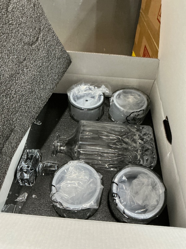 Photo 1 of **** CHECK COMMENTS***. Crystal Whiskey Decanter Set In Gift Box - Includes 4 Crystal Whiskey Glasses and 4 Big Ice Ball Molds - Unique Whiskey Gift for Men