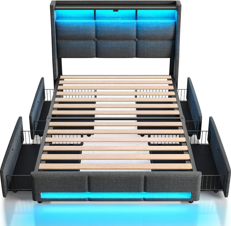 Photo 1 of **Stock Pic for Reference***
Rolanstar Twin Size Bed Frame with LED Lights and Charging Station, Upholstered Bed Storage Headboard & Drawers, Heavy Duty Wood Slats, Easy Assembly