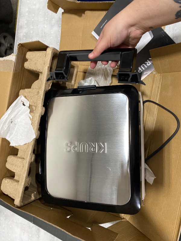 Photo 1 of *** BROKEN HANDLE SHOWN ***KRUPS 4-Slice Belgian Waffle Maker: Stainless Steel, 5 Browning Levels, Audible Ready Beep, Removable Plates, 1200W, Silver/Black, Large Waffle Maker Family Size, Great for Family Breakfasts