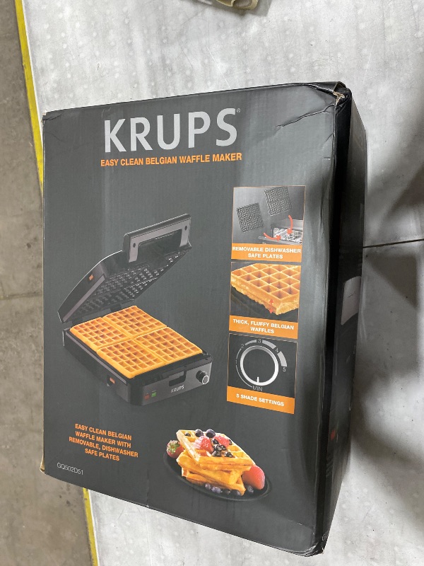 Photo 1 of *** BROKEN HANDLE SHOWN ***KRUPS 4-Slice Belgian Waffle Maker: Stainless Steel, 5 Browning Levels, Audible Ready Beep, Removable Plates, 1200W, Silver/Black, Large Waffle Maker Family Size, Great for Family Breakfasts