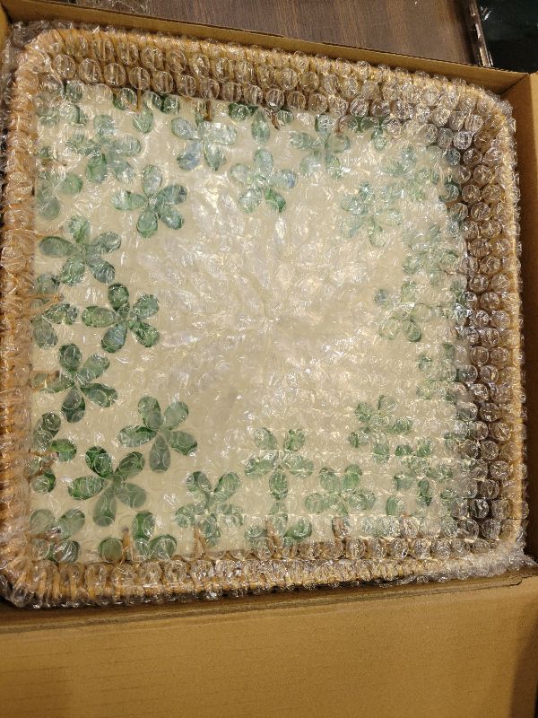 Photo 1 of 1 pcs Rectangle Rattan Serving Tray with Mother of Pearl Inlay, Decorative Wicker Tray for Coffee, Bread, Fruits, Elegant Table Decor for Living Room & Dining Room