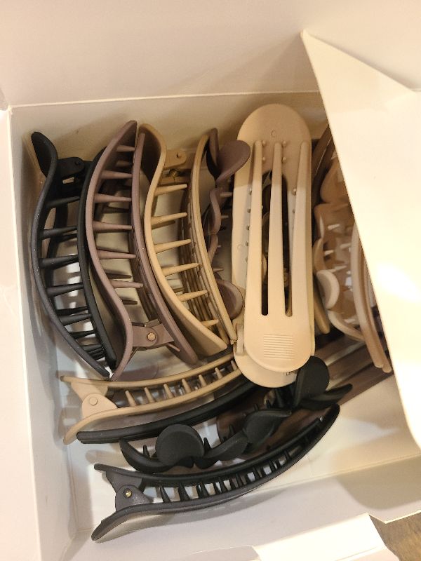 Photo 1 of 12 Pack Flat Hair Clips for Women – Matte Neutral Square Claw Clips, Flat Barrettes & Flower Pins in Black, Blonde,Light Brown & Dark Brown, Soft Touch Hair Accessories for Thick & Thin Hair