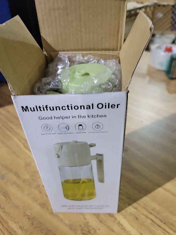 View 2 of 2 in 1 Olive Oil Dispenser and Oil Sprayer Premium Glass Oil Bottle with Non-Drip Spout Oil Mister for Cooking, Kitchen, Salad, Barbecue Green 470ML/ 15.9fl.oz