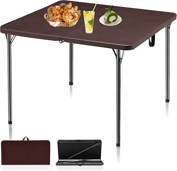 Photo 1 of **MSRP 79.99** 34" Folding Table, Portable Square Folding Card Table with Collapsible Legs & Carrying Handle, Plastic Tables for Camping,Picnic, Office, Party, Brown