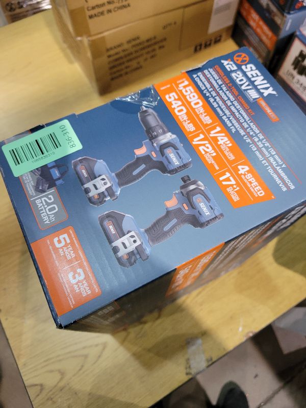 Photo 1 of SENIX X2 20 Volt Max* 2-Piece Cordless Power Tool Kit with Battery Powered 1/2-Inch Drill Driver and 1/4-Inch Impact Driver, Includes Storage Bag, 2 2.0 Ah Batteries & Charger (S2K2B2-01)