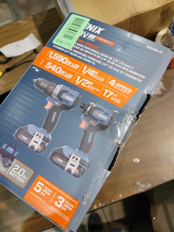 Photo 1 of SENIX X2 20 Volt Max* 2-Piece Cordless Power Tool Kit with Battery Powered 1/2-Inch Drill Driver and 1/4-Inch Impact Driver, Includes Storage Bag, 2 2.0 Ah Batteries & Charger (S2K2B2-01)
