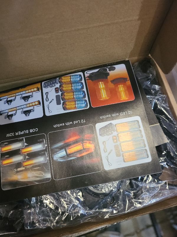 Photo 1 of 12-24V 24-LED Super Bright LED Emergency Strobe Lights Warning for Cars Trucks Vehicle SUV Caution Hazard Construction Waterproof Amber Strobe Bar with 32 Different Flashing- 4PCS (White Amber)