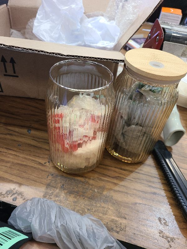 Photo 1 of 2 PCS Glass cups with Lids and Straws, 16 OZ Iced Coffee Cups, Ribbed Glass Tumbler with Straw and Bamboo Lid, Thick Drinking Beer Glasses for Coffee, Juice, Match Cup with Cleaning Brush (Yellow)