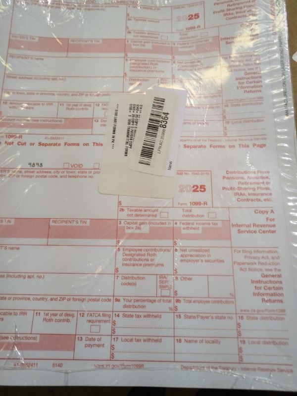 Photo 1 of 1099-R Tax Forms 2025 (distributions) 25 Sets of 4-Part, Laser Forms, Federal and State Copies (2 Forms on a Sheet) with 3 1096 Transmittals, 2025