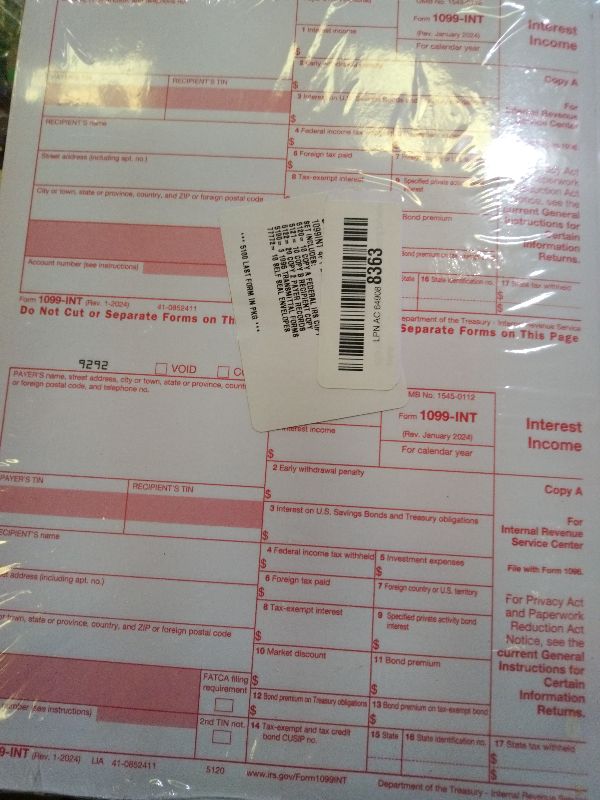 Photo 1 of 1099 INT Interest Tax Forms Set 4 Part 10 Pack for 2025 And Self-Seal envelopes. Kit For 10 Vendors, Laser Forms Designed for QuickBooks and Accounting Software