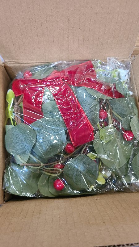 Photo 1 of 4 Pack 12 Inch Christmas Kitchen Decor Mini Christmas Wreath Small Cabinet Wreaths with Red Bow Eucalyptus Leaves Flowering Boxwood Branches Red Berry Xmas Wreaths for Windows Door Wall Stairs Home