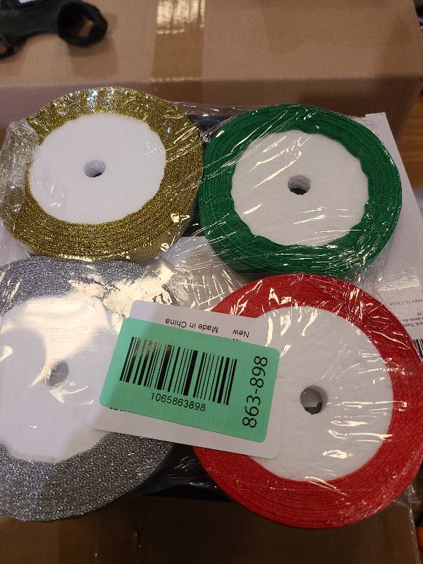Photo 1 of 100 Yards Christmas Ribbons,3/8 Inch Gold Silver Glitter Ribbon for Gift Wrapping Red and Green Satin Ribbon for Christmas DIY Crafts Decoration 4 Rolls