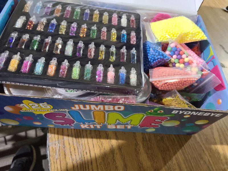 Photo 1 of 126 Pcs DIY Slime Making Kit for Girls Boys - Birthday Idea for Kids Age 5+. Ultimate Supplies Include 28 Crystal Slime, 2 Glow in The Dark Powder, 48 Bottle Glitter Jar etc.