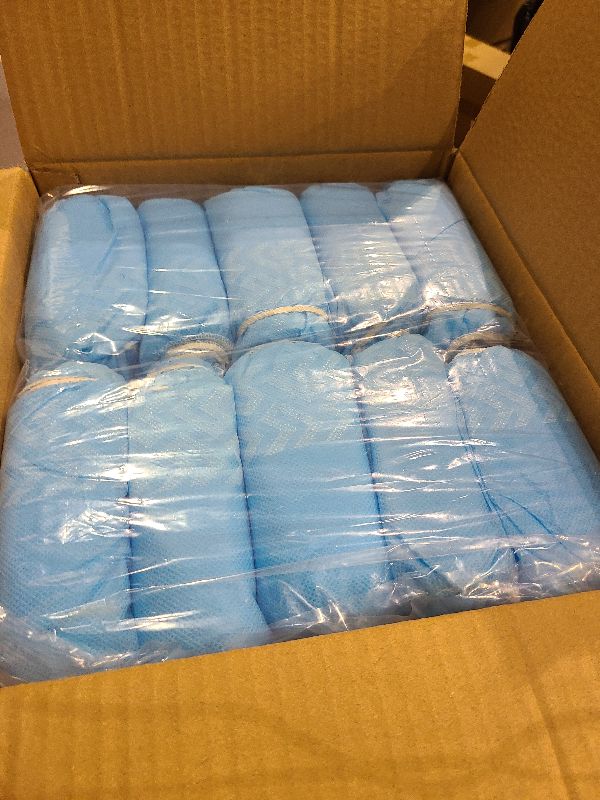 Photo 1 of 100 Pack Waterproof Shoe Covers Disposable, Premium Non-Slip Recyclable CPE Shoe Covers Protectors for Indoors, Durable, Booties, One Size Fits Most, Fits up to Size  M US Blue