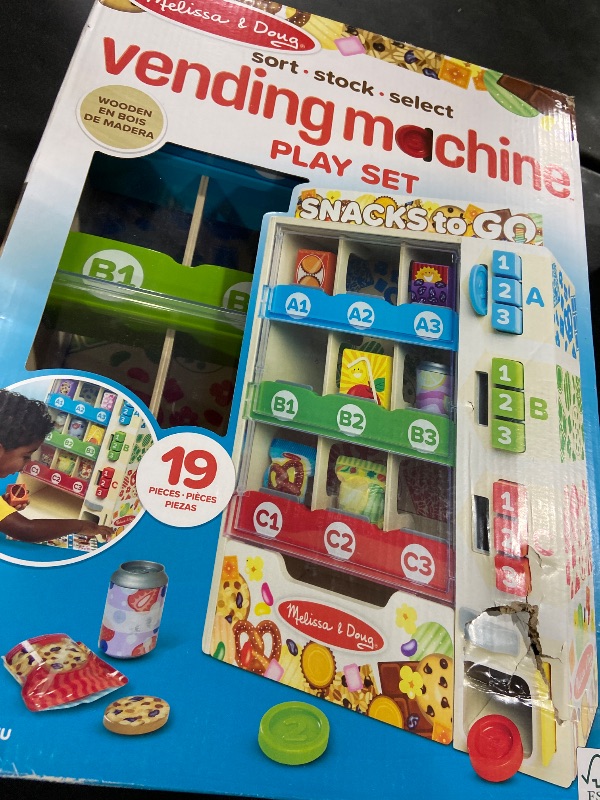 Photo 1 of Melissa & Doug Sort-Stock-Select Wooden Vending Machine Toy with Play Food, Mini Vending Machine Toys & Play Money, Preschool Toys for Kids Ages 3+