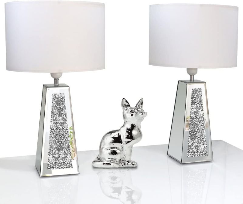 Photo 1 of 
GOTHICO Silver Mirror Crushed Diamond LED Table Lamp, Four Prism Shaped Crystal Diamond Mirrored Base,White Round Linen Shade, 20.7" Height for Living...