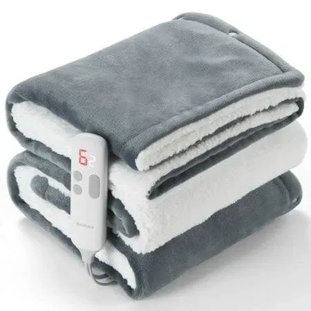 Photo 1 of MaxKare 50" x 60" Electric Throw Blanket with 6 Heating Levels & 1-5H Auto-off, Machine Washable Flannel & Sherpa, Gray & White
