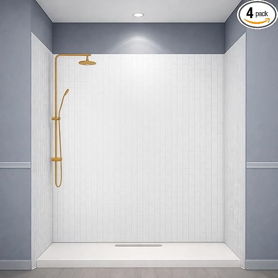 Photo 1 of 4 Pcs 79in x 39in Waterproof Vinyl Shower Surround Kit Shower Wall Panels with Accessories in Solid Surface for Subway Tub Corner Trimmable Upgraded Protection(Classic)