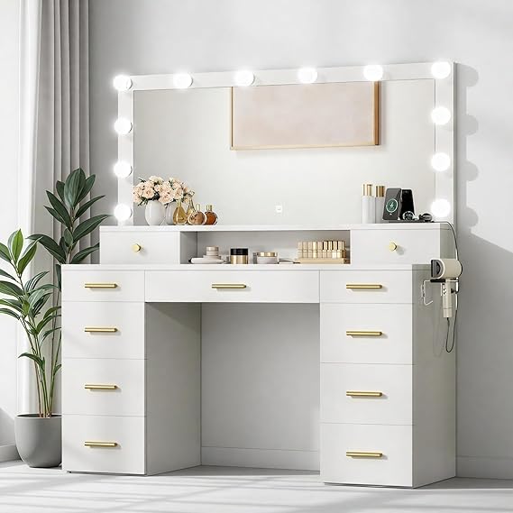 Photo 1 of DWVO Vanity Desk with Mirror and Lights: White Makeup Table with 11 Drawers & Charging Station?, USB/Type-C Ports
