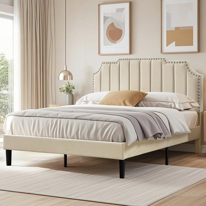 Photo 1 of Taomika, Queen Size Upholstered Platform Bed Frame with Nailhead Trim Adjustable Height Headboard and Wood Slats-Beige