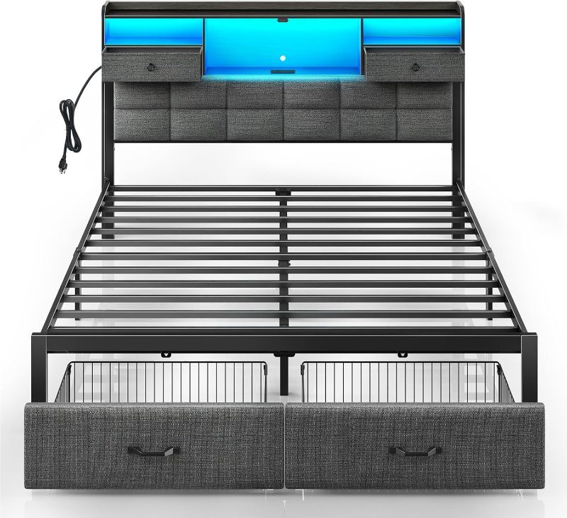 Photo 1 of Rolanstar Bed Frame Queen Size with Drawers and Charging Station, Upholstered Platform Bed with Storage Headboard and LED Light, Heavy Duty Metal Frame Support, No Box Spring Needed, Noise Free, Grey