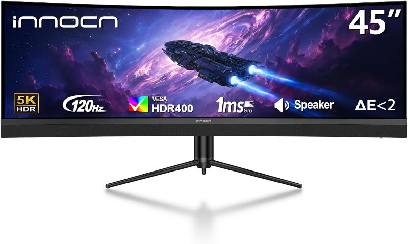 Photo 1 of INNOCN 45 Inch 5K2K 5120 x 1440p 120Hz Ultrawide Curved Gaming Monitor, R1500, HDR400, USB Type-C 65W Power Delivery, PIP/PBP, Built-in Speaker, Height Adjustable, Black