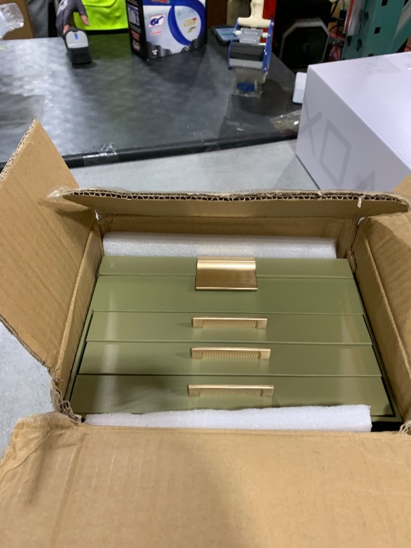 Photo 1 of SONGMICS Jewelry Box Organizer with Glass Lid, 4-Layer Jewelry Storage, with 3 Drawers, Modern Style, 8 x 9.1 x 6.5 Inches, Laurel Green and Gold Color UJBC173C02