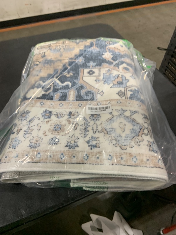 Photo 1 of 4x6 Washable Area Rug for Living Room, Carpet for Bedroom, Soft Faux Wool Retro Dining Room Rug, Non Slip&Non-Shedding Resistant Low Pile Vintage Print Rug for Home Office (Taupe/Blue)