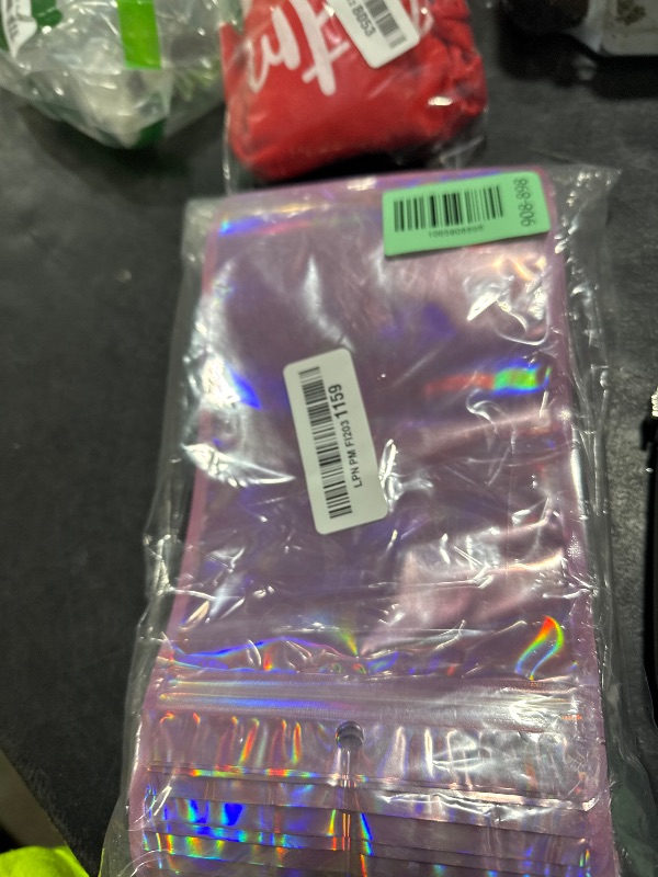 View 2 of 100pcs Holographic Bags for Small Business Resealable Mylar Bags for Food Storage Snack Size Zipper Baggies with Clear Winodw Packaing Jewelry Lip Gloss Candy(5x8.7inch)
