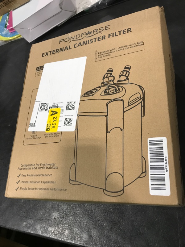 Photo 1 of PONDFORSE 225GPH Canister Filter, External Aquarium Filter Ultra-Quiet Water Circulation Cleaning Machine with Media for Fish Tanks and Aquariums Up to 55 Gallons (225GPH)